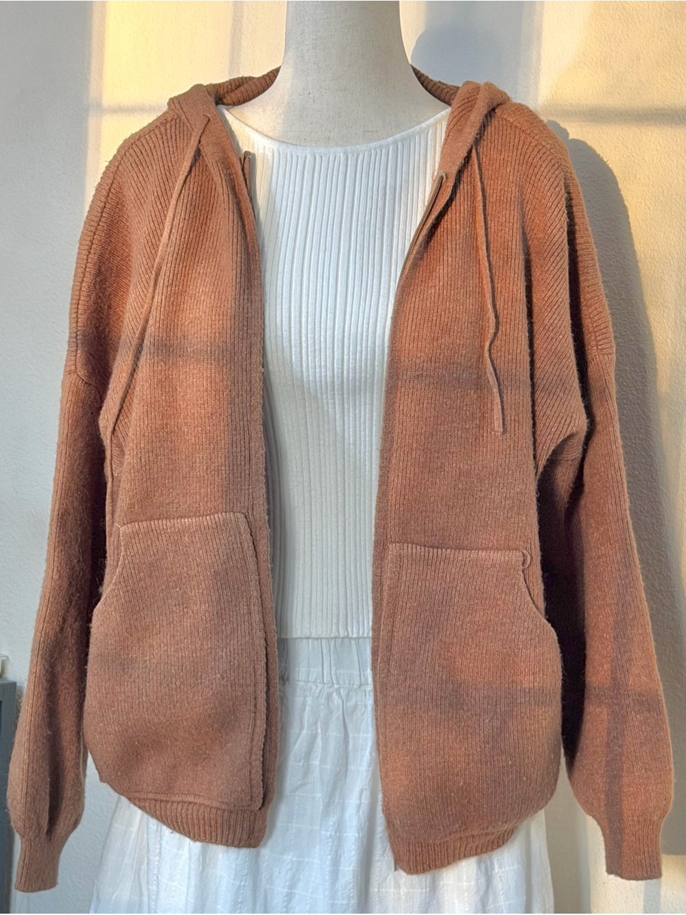Cozy Hooded Knit Cardigan Sweater - Rust Brown